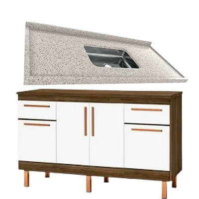 Balcão de Cozinha Atenas com Pia Branco Dallas Cuba Funda 1,20