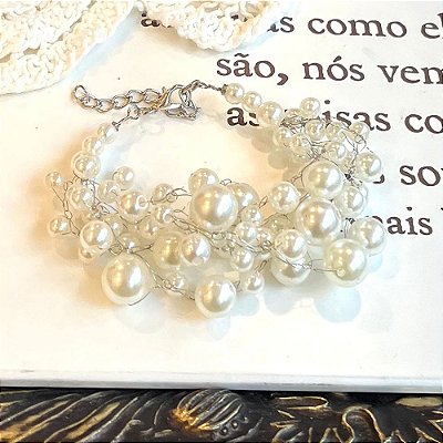 Pulseira Crochê Pérolas Prateado