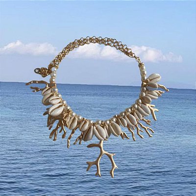 Colar Pérolas Búzios Coral Dourado Fosco