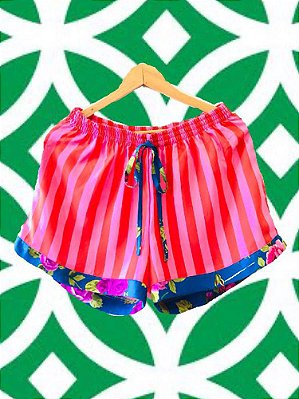 Shorts Listras Barrado Flores Azul