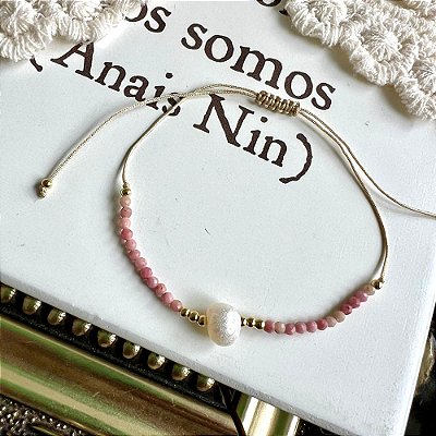 Pulseira Cristais Pérola Rosa