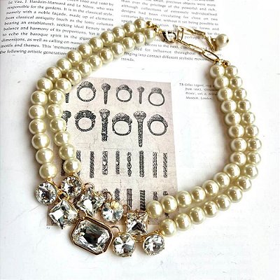 Colar Pérolas Duplo Chaton Dourado