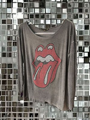 Blusa Rolling Stones Vermelho Cinza Estonado Manga Longa