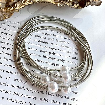 Conjunto Pulseiras Pérolas Malha Prateado
