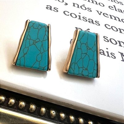 Brinco Trapézio Turquesa Dourado