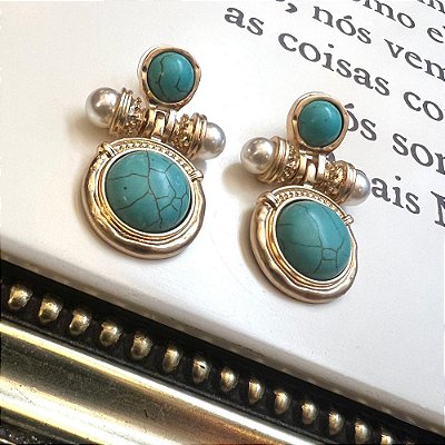 Brinco Círculos Turquesa Dourado