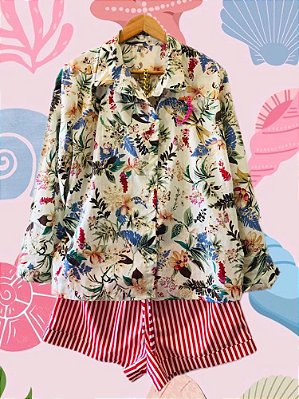 Conjunto Camisa Shorts Listras Floral