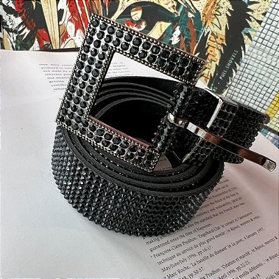 Cinto Fivela Faixa Cristais Preto