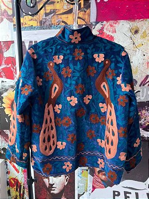 Casaco Boho Bordado Peacock Marinho