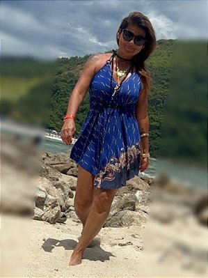 Vestido Fitas Cetim Estampado Azul