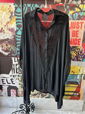 Camisa Saída Praia Renda V Preta