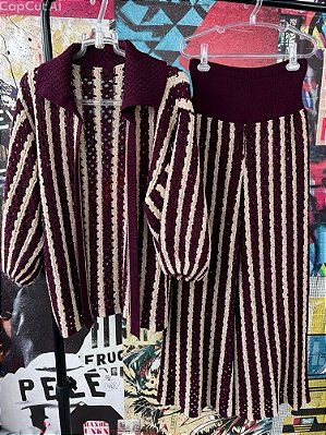 Conjunto Tricot Vazado Listras Vinho