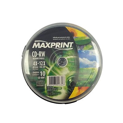 Kit com 10 Unidades de CD-RW Regravável Maxprint: 4x-12x, 80min, 700MB