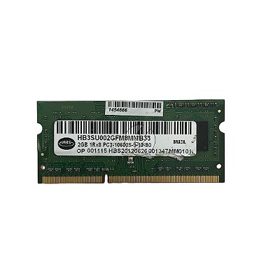 Memória RAM HBS HB3SU002GFM8MMB33: DDR3, 2GB, 1Rx8, 1333S, SODIMM