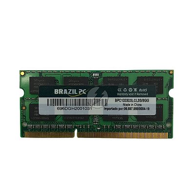 # Memória RAM Brazil PC BPC1333D3LCL9S/8GG: DDR3L, 8GB, 1333, SODIMM