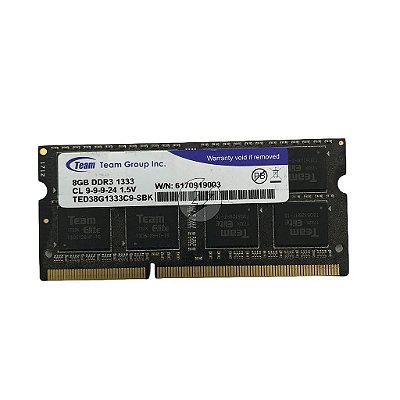 Memória RAM Team TED38G1333C9-SBK: DDR3, 8GB, Rx, 1333MHz, 10600S, SODIMM
