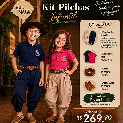 Kit Pilcha Infantil Guri e Guria – Bombacha, Polo, Cinto e Alpargata de couro