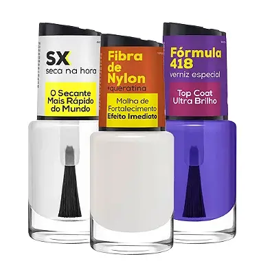 Base SX Ultra Secante + Base Top Coat Verniz Ultra Brilho + Base Fibra Nylon 10ml Cora