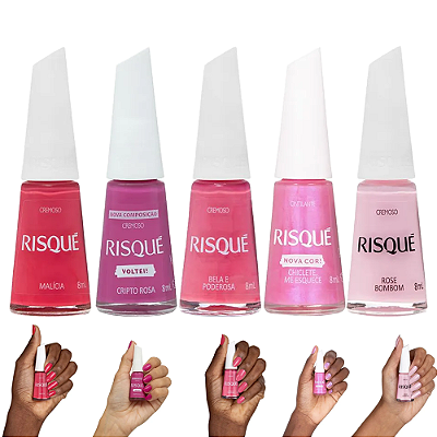 Kit 5 Esmaltes Tons Rosas Cremosos Cintilante Risque