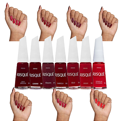 Kit 7 Esmaltes Vermelhos Diversos Tons Manicure Risque
