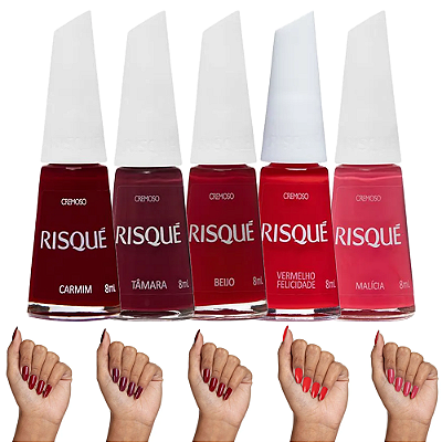 Kit 5 Esmaltes Cremosos Vermelhos e Rosa Risqué