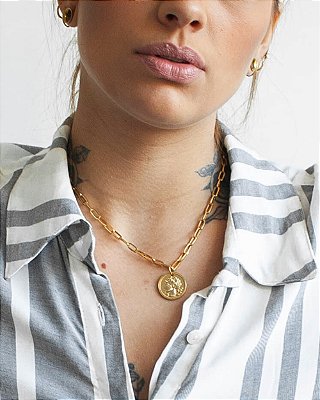 Colar Com Pingente Moeda Grega Feminina Anne Dourado