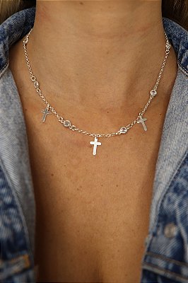 Colar Fé com Cruz e Zircônias em Prata 925