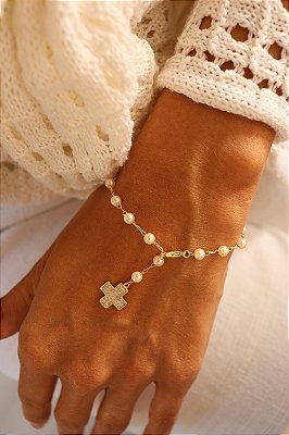 Pulseira Cruz Dourada Pérolas