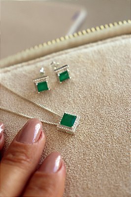 Conjunto Prata com Pedra Verde Esmeralda
