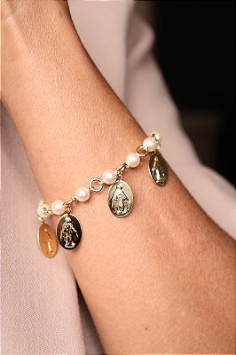 Pulseira Medalha Milagrosa Pérolas Feminina