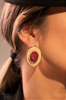 Brinco Oval Resina e Pedra Ouro 18k