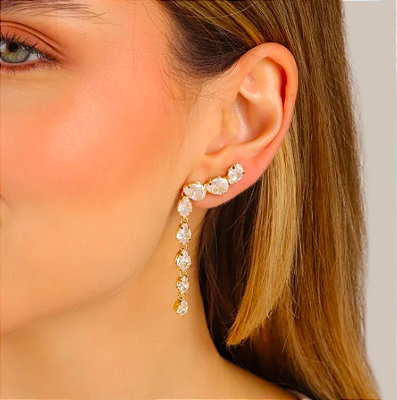 Brinco Ear Cuff Zircônias Gotas Banho de Ouro 18k