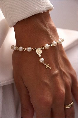 Pulseira com Pérolas de Medalha Milagrosa Banhada a Ouro 18k