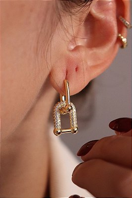 Brinco Tifany Elos Cravejado Banhado a Ouro 18k