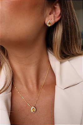 Conjunto Gota Cravejado Banhado a Ouro 18k
