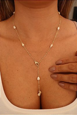 Colar Gravata de Pérolas Banhado a Ouro 18k