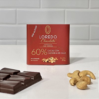 Chocolate meio amargo 60% cacau com castanha-de-caju