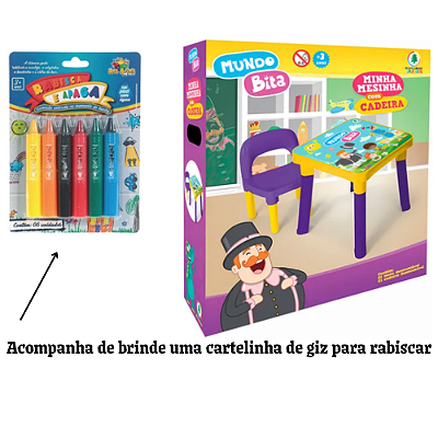 Mesinha Infantil Mundo Bita com Cadeira + Brinde Giz Colorido | Mesa para Crianças Estudar, Desenhar e Brincar | Mesinha Escolar Temática, Leve, Resistente, Ideal para 3 Anos ou Mais