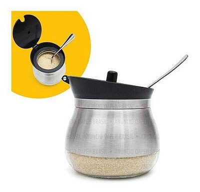 Açucareiro De Vidro Revestido Em Aço Inox C/Tampa E Colher