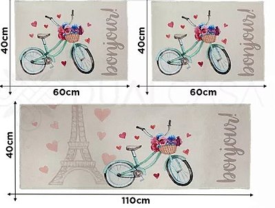 Kit 3 Tapete Para Cozinha Allegra Antiderrapante Romantico