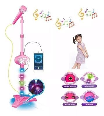 Microfone Infantil Pedestal Unicórnio Som Luz Conecta Celular