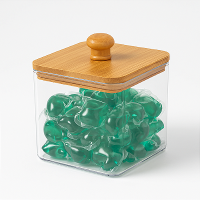 Porta- Capsula em Acrílico com Tampa De Bambu natural  9.3x11x11 Utensílios