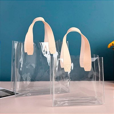 Sacola PVC transparente com Alça de Couro Rosa