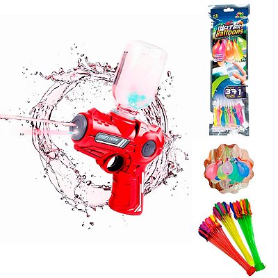 Pistola de Água Elétrica Recarregável USB Potente + Brinde 37 Balões Vermelho