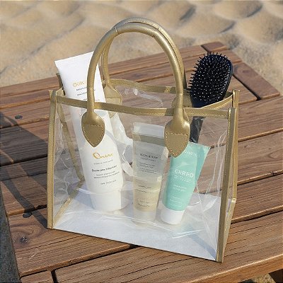 Kit 3 Sacolas Transparentes Presentes Com Alças Couro Dourado