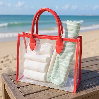 Kit 3 Sacolas Transparentes Presentes Com Alças Couro Vermelho