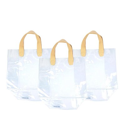 Kit 3 Sacolas Transparentes Presentes Alças Couro Bege