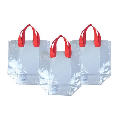 Kit 3 Sacolas Transparentes Presentes Alças Couro Vermelho