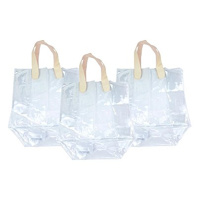 Kit 3 Sacolas Transparentes Presentes Alças Couro Creme