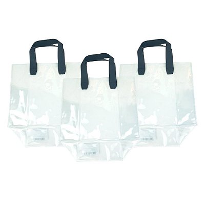 Kit 3 Sacolas Transparentes Presentes Alças Couro Preto